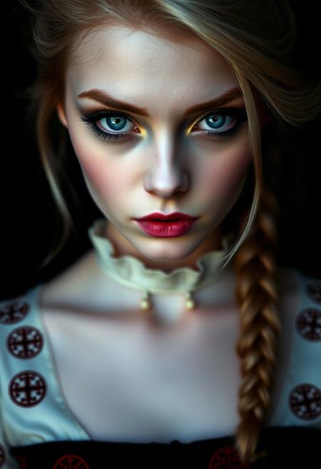 masterpieces, close-portrait, female, makeup, pale skin, blonde hair, braided hairstyle, mysterious, red black symbols on dress, glossy blue eyes,best quality,masterpiece