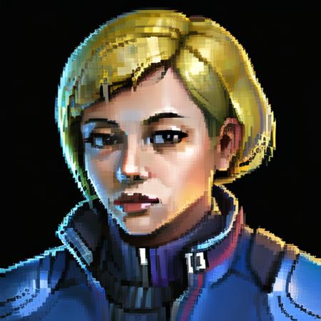 , (masterpiece:1.3), ((best_quality)), (absurdres), 1girl, portrait, simple_background, black_background, <lora:starsector portraits original:0.6> , (samus_aran:1.3)