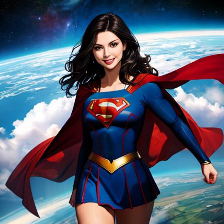 (best quality: 1.2), (masterpiece: 1.2), (realistic: 1.2), (inked: 1.3), best quality, beautiful woman as supergirl, she has (wavy black hair: 1.7), superhero, blue bodysuit, red short skirt, red cape, grin, in space, earth background, sharp focus, 8k, centered, medium shot, masterpiece