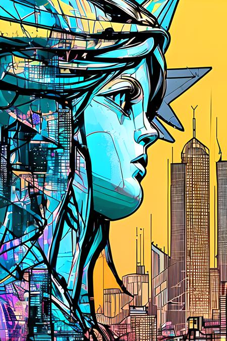 (samdoesarts:1.3), nvinkpunk, a photorealistic statue of liberty, sparkling rolling ocean, statue of liberty, lens flare, night in the city that never sleeps, cityscape, drawing, thick lines