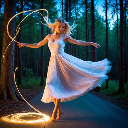 Fairy tale Music, emotions, expression of feelings, started to focus on the moment, awakens emotions, girl, blonde hair, levitate, dancing, Magic realism painting art style, surreal compositions, vibrant colors, blurs the line between reality and fantasy, long exposure photography, streaking lights, smooth motion, dreamy landscapes, ethereal atmosphere, light painting, creative expression, time manipulation, surreal effects, captivating visuals, artistic interpretation, immersive experience, unique perspective . Magical, fantastical, enchanting, storybook style, highly detailed