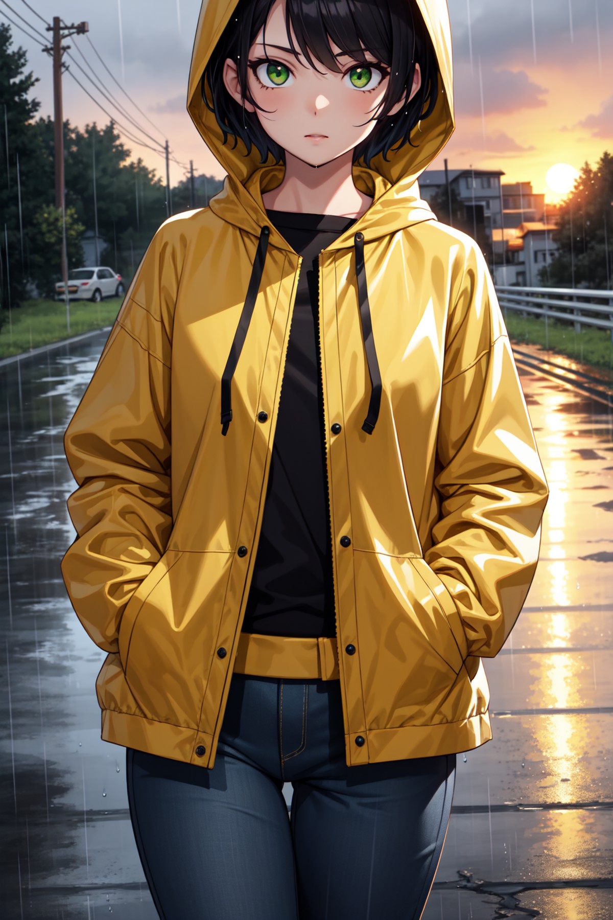 masterpiece, best quality ,1girl, cowboy shot, green eyes, hands in pockets, up close, wearing a yellow rain jacket and da...