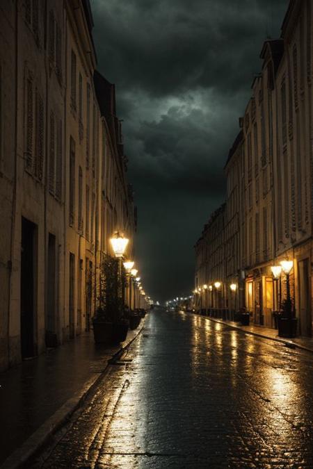 a dreamy dark gloomy rainy night in the street of France