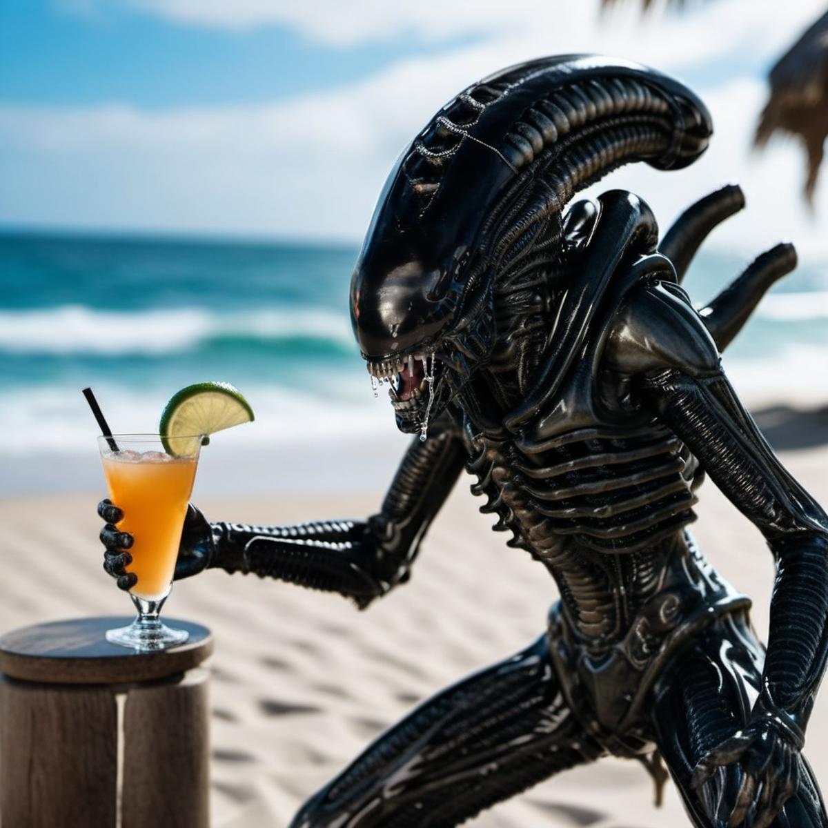 Alien statue holding a cocktail on a beach