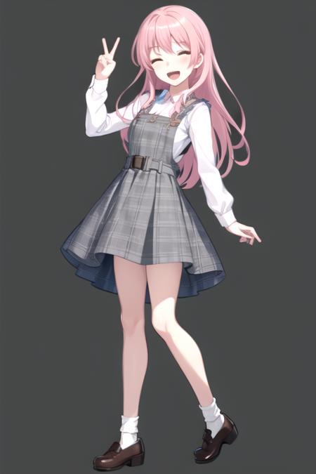 <lora:ChihayaAnon-07:0.7> , anonmygo, 1girl, solo, long hair, looking at viewer, smile, open mouth, simple background, shirt, long sleeves, dress, standing, full body, white shirt, pink hair, one eye closed, shoes, socks, belt, high heels, grey eyes, plaid, brown footwear, ;d, white socks, black background, arm behind back, pinafore dress, grey dress, plaid dress