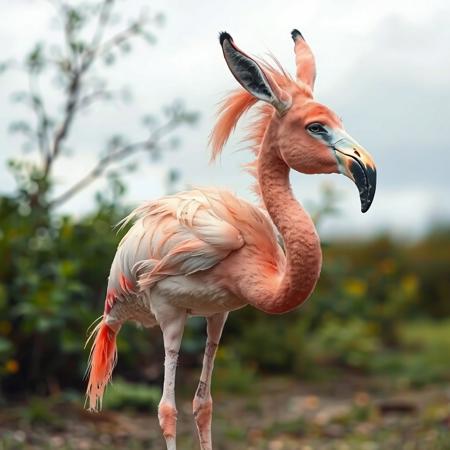 A pink flamingo and donkey hybrid,shrek is on the flamingo donkey hybrids back