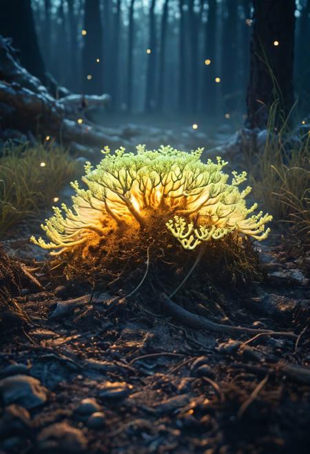 a contaminated ground,   a glowing fungus growing over a carcass, photorealism, intricate details, extremely detailed, masterpiece, masterpiece, Outstanding intricacies, best quality, hires textures, high detail, incredibly detailed, Cinematic Lighting, at night, Cinematic photography, movie mood, cinematic light, compelling composition, storytelling elements, conveys emotion, mood, and narrative depth, creating visually striking images that feel like still frames from a film, night photography, nocturnal beauty, city lights, starry skies, celestial wonders, moonlit landscapes, urban glow, capturing the essence of darkness, ethereal atmosphere, dramatic shadows, magical ambiance, long exposure techniques, expert use of light sources
