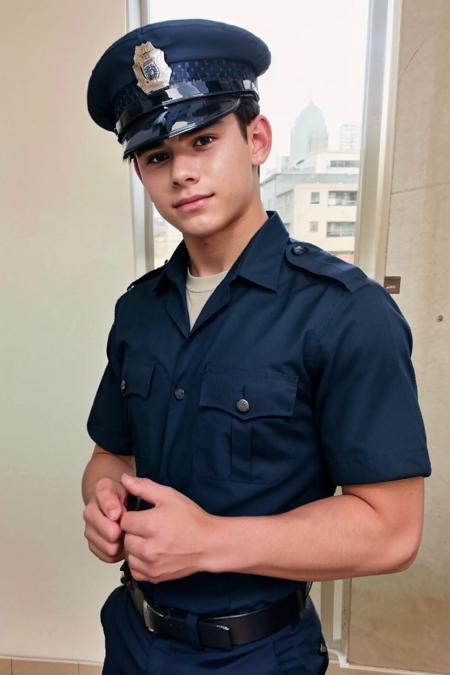 realistic, sfw, an attractive 18 years old fit caucasian boy standing, smug, full body shot, police uniform, <lora:formerlyconrad:0.7>, Arquinancho,