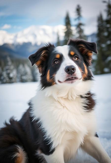 Portrait of a border collie puppy. Snowy landscape. Mountains with snowy pine trees.