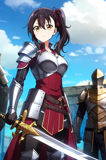 1girl, medium hair, looking at viewer,  bangs, black hair,  hair between eyes, medium breasts, brown eyes, side ponytail, hasuki_komai, warrior princess, armored dress, armor, breastplate, faulds, full armor,  gauntlets, holding, holding weapon, sword , shoulder armor