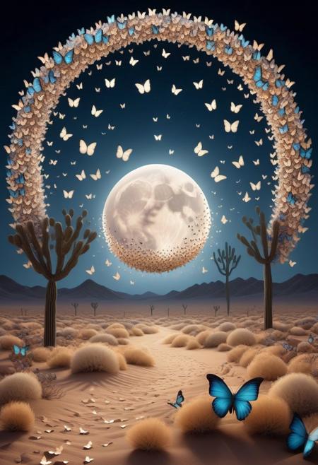 lazympos, butterflystyle, desert landscape, full moon made of butterflies
