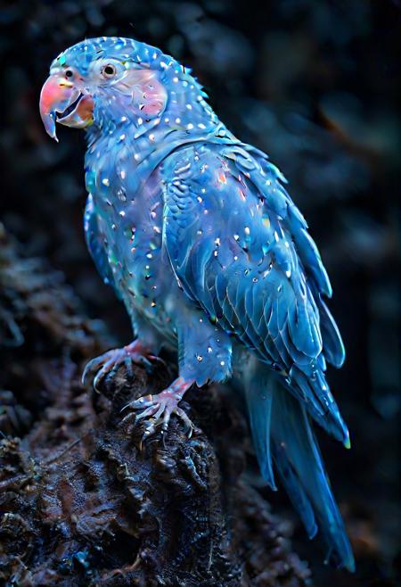 Ultrarealistic. parrot made of bioluminescent organisms