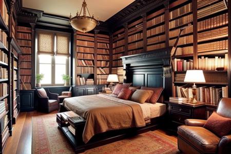 a fantasy bedroom that is also the owner's personal library with books everywhere