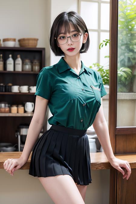 tfgv1, green shirt, black pleated skirt, uniform, clothes writing,