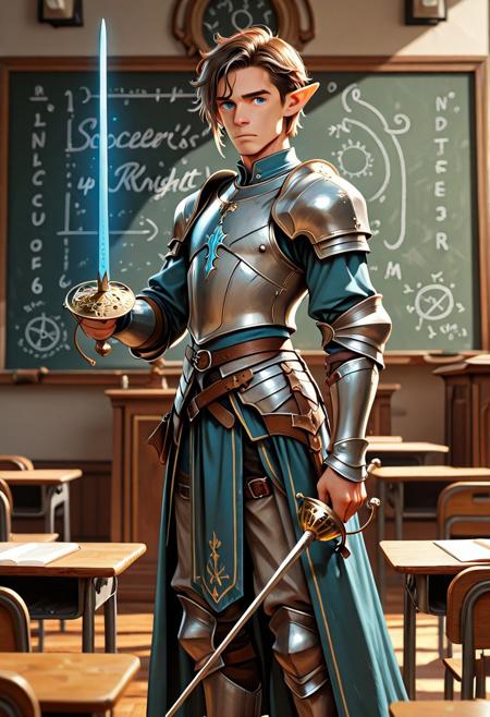 score_9_up, score_8_up, score_7_up, score_6_up. masterpiece, best quality, good quality, very aesthetic, absurdres, semirealism, RapierXL, fantasy, 8K, depth of field, focused subject, Elf knight:1.3, 19yo male, androgynous, pointed ears, short brown hair, male haircut, blue eyes, wearing detailed armor, knight's armor, standing, holding sword, rapier, weapon, blue glowing sword,  indoors, chalkboard, classroom, podium, school desks,