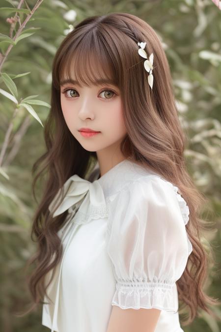 masterpiece,best quality, upper body protrait of (Wsxff:1.3), brown long wavy hair, bangs, big eyes, parted lips,  black eyes,, Sketch, masterpiece, best quality, extremely detailed, 1girl, full body, beautiful detailed eyes, cute anime face, full body, beautiful detailed face, white hair, (Botanical illustration:1.5), white dress