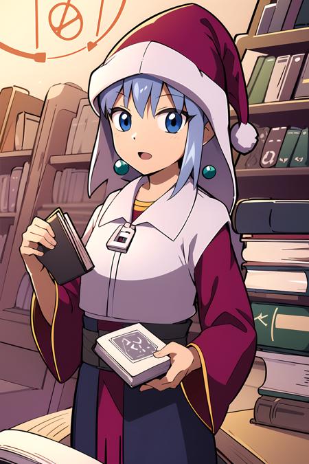 masterpiece, 1girl, beauty \(bobobo-bo bo-bobo\), wizard hat, wizard robes, holding book, magic book, magic circle, library, fantasy