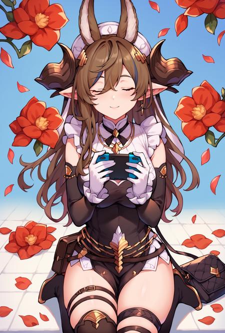 galleondef, horns, closed eyes, dress, white gloves, frills, detached sleeves, frilled sleeves, thighhighs, thigh strap, pelvic curtain galleonlco, horns, blindfold, black dress, cleavage, cleavage cutout, thigh strap