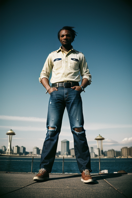 FrederickDouglass, ((1990s photograph, upper body, portrait, Grunge fashion, flannel shirt, ripped jeans, Seattle's 1990s music scene backdrop)), disposable Kodak, 35mm f/2.8, 1/100s, ISO 400, ((grunge aesthetic))