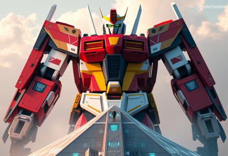 Design a Gundam fused with Optimus Prime, towering above a small person on a Chronomaly Pyramid Eye Tablet, inspired by the symmetrical styles of Werner Andermatt and the gentle hues of Muqi. The fusion should be perfectly symmetrical, with a color scheme primarily consisting of red, yellow, and blue. The environment should resemble an details image, with the Gundam-Optimus Prime fusion as the main focus. The image should be rendered using Octane Render and Unreal Engine, showcasing a level of detail and realism that would make it trending on ArtStation.