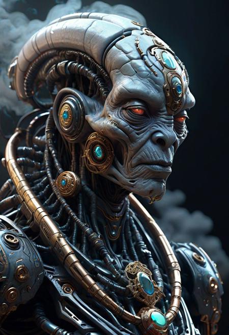 An old alien god creature, cyborg with intricate jewelry. Dark theme with lots of cloud or smoke. Highly detailed digital painting. Artstation. Concept art. Smooth. Sharp focus. Illustration. Art by Greg Rutkowski. Cinematic lighting. Award winning. 8k resolution. Trending on Artstation.