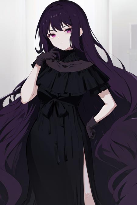 masterpiece, best quality, highres, 1girl tilty claret purple eyes, black choker black dress long dress black gloves black bow frills <lora:tilty_claret:1> hand on hip