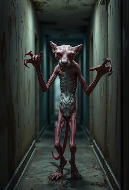 score_9, score_8_up, score_7_up, score_6_up, depth of field, highly detailed, BREAK Pink Panther, malnourished, skinny, bony, sunken eyes, dirty matted fur, mange, patches of fur missing, scabs, claw marks, anaemia, bones visible under flesh, glowing red eyes, long mangled claws, long mangles finger nails, hyper realistic hands and feet, long gnarled teeth, long arms, long fingers, malformed, extremely narrow waist, hipbone visible, ghoulish,no human, 
BREAK in a long hallway stands the Pink Panther, this Pink Panther is a twisted creature unlike his well known counterpart, Pink Panther twerking in a doorway, menacingly, Pink Panther is twerking towards the viewer at the other end of the hallway, the building is dilapidated with water damage, water is dripping from the ceiling and running down the walls, it is dark, low lighting, mold is growing on the walls, this building has been abandoned and condemned,
 night,  doorway,,low key,dramatic lighting, film grain,
