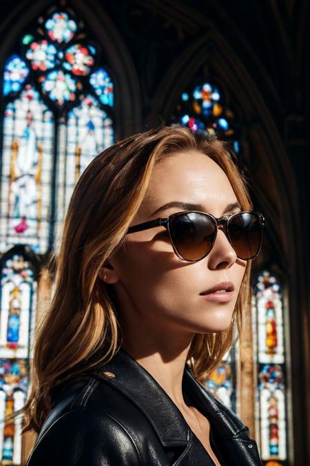 headshot of S285_KellyCollins,a stunning woman,in a (church:1.1),wearing a (black-coat:1.1),(sunglasses),(4k, RAW photo, best quality, depth of field, ultra high res:1.1),(absurdres, intricate, photorealistic, masterpiece, ultra-detailed:1.1),