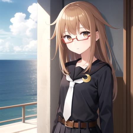 ((masterpiece)),(best quality),official art,extremely detailed CG,unity 8k wallpaper,ultra detailed,A lighthouse on a cliff by the sea,1girl,solo,upper body,(portrait:1.2),glasses,brown_hair,long_hair,black_shirt,school_uniform,brown_eyes,skirt,serafuku,red-framed_eyewear,crescent_pin,long_sleeves,white_socks,white_necktie,belt,looking_at_viewer,loafers,<lora:Mochizuki(kan)>,