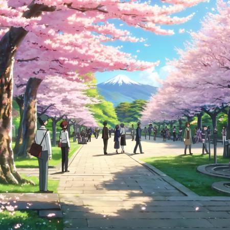 anime screencap in mnst artstyle of a park with cherry blossoms and people, hd, 4k, high-quality