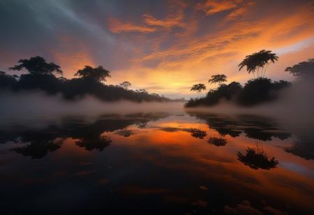 (by Ellen Jewett:1.5), (Bioluminescent Impressionism,  mist and dense fog on the amazon river, distant horizon only vosobile because of a thin line of jungle trees, water mirror reflecting the majesty aand immensity of the sunset illmunited sky and cluds drfited away by the wind, orange sunset, golden hour, dense mist, monochrome and black shadows, orange light ethereal landscapes, dynamic light, depth of field, biotech emotion:1.3) <lora:xl_more_art-full_v1:0.5> <lora:add-detail-xl:1> <lora:RMSDXL_Creative:2>