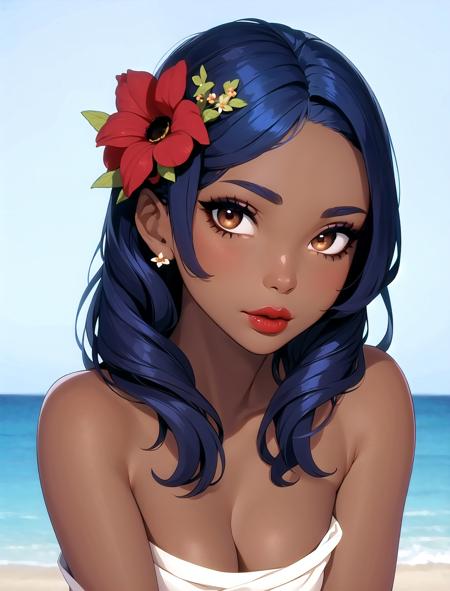 1girl, solo, hair ornament, looking at viewer, brown eyes, flower, bare shoulders, hair flower, portrait, blue hair, dark-skinned female, makeup, red lips, lips, dark skin