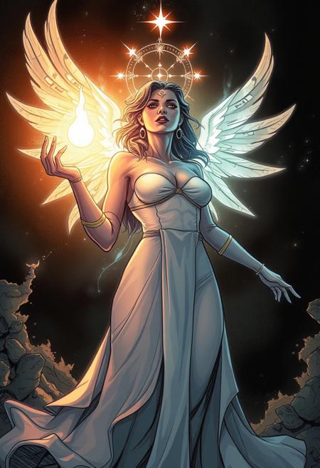 An ethereal comic book illustration of a woman, radiating a spiritual vibe and a light aura.  The dark fantasy superhero style incorporates intense dramatic lighting, gritty textures, exaggerated anatomy, dynamic linework and bold contrasts for a mystical feel.