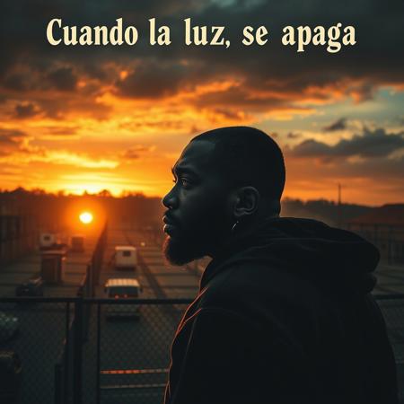 rock album cover for a melancholic rock about prison life, prison yard, dramatic sunset, view from below, rapper looking determined, album title "Cuando la luz se apaga" Las paredes tiemblan con ecos sin voz,  
los monstruos avanzan con  gesto feroz.  
Sabe que nunca vendrá el amanecer,  
mientras la penumbra le empiece a morder.