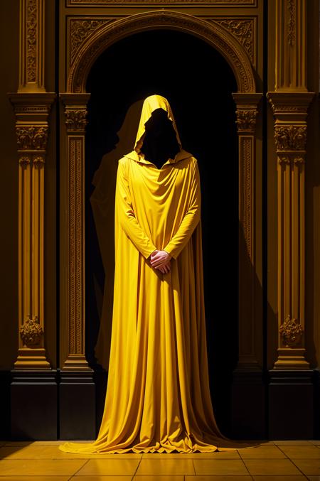 a photograph of the kinginyellow wearing a yellow cloak and (hood:1.2) that conceals his face in complete shadow standing against the wall in the background of an ornate baroque ballroom, photorealistic, high quality, shadow <lora:kinginyellow-beta1-000007:0.8>