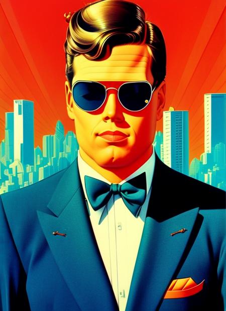 An half body symmetrical portrait of a classy man wearing sunglasses and suit with a city in the background, 80's, retro,serious, art by rzvice-15 and jc leyendecker, masterpiece, best quality,4k