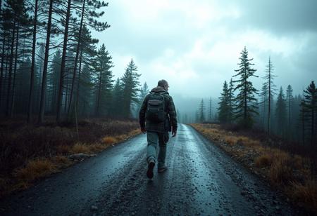 Dayz survivor walking down a road with Namalsk. No text