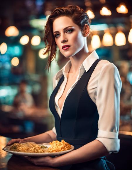  fashion  photograph of  Kristen Stewart, big breasts, slender body, tight body, (as a waitress:1.4) serving in  in a cyberpunk restaurant in future , cleavage, nipples, light-beam, diffuse magical lighting, blurry, bokeh