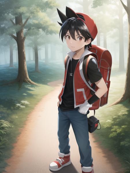 masterpiece, best quality, PokespeRed, 1boy, jacket, red jacket, classic jacket, shirt, black shirt, cap, red cap, backwards cap, jeans, blue jeans, gloves, black gloves, fingerless gloves, white sneakers, backpack, yellow backpack, forest, standing, deep forest, <lora:PokespeRed:0.8>