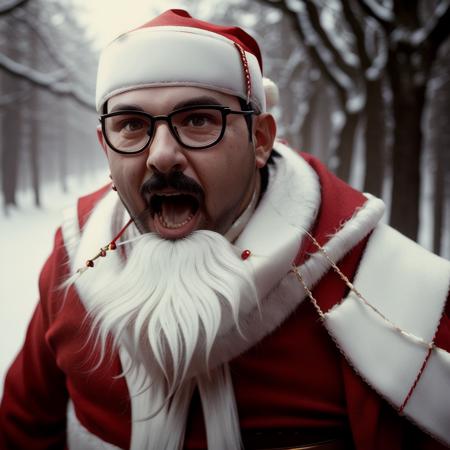 Felix, a man with black frame glasses, with a bandageon the head, dressed as santa, screaming,  photography, trending on artstation, sharp focus, intricate details, highly detailed, by greg rutkowski   <lora:Felix:1>