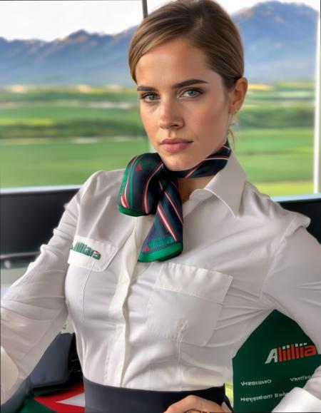 dark theme, (upper body portrait shot of emma watson wearing  alitalia uniform jacket,alitalia uniform silk scarf, alitalia white shirt:1.2), a pretty cute woman with hair bun hairstyle,joy emotion, (looking at viewer:1.2), (office girl:1.5), (dynamic pose), posing in luxury airport, intricate detailed long, 4k, 8k, (intricate details:1.12), hdr, (intricate details, hyperdetailed:1.15), soft cinematic light, dramatic atmosphere, atmospheric perspective, (natural skin texture, hyperrealism, soft light, sharp), pale skin, , cleavage, <lora:alitalia:1>,