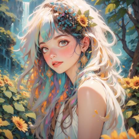 masterpiece, high quality, highres, absurdres, 1 girl, white hair, violett eyes, shiort hair, hair hair ornament, glimmer, glitter, small breasts, white dress, sunfield, sunflower field, smiling, happy, blush, sitting, glowing, glow, ((half body), chistyle, style, chi, detailchi, rolling eyes, half body, jewelry, sepia, art, abstrakt art, mosaic,  <lora:GoodHands-beta2 (1):1.5>,   <lora:chiistyle:0.4>, <lora:asb-CH2:1>,   <lora:Dreamwave v2.5_8200:1>,  <lora:80'sFusion:0.5>