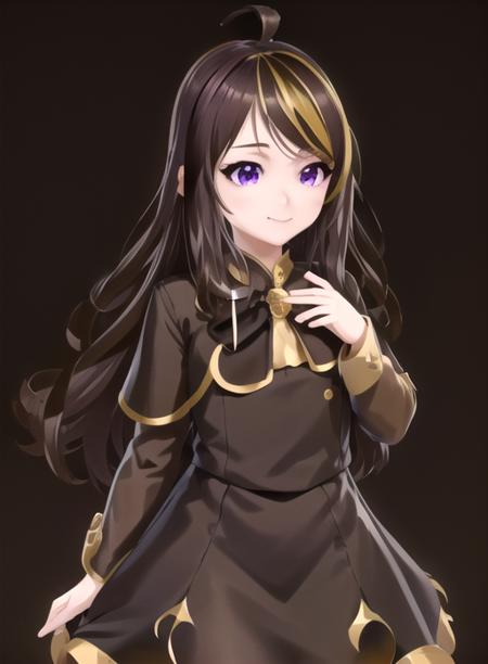 best quality, (masterpiece),(ultra-detailed), (high quality), (high resolution), <lora:kiarafey-10:0.7>,1girl, ahoge, black background, blonde hair, brown hair, closed mouth, kiarafey, long hair, multicolored hair, purple eyes, simple background, smile, solo, streaked hair, swept bangs