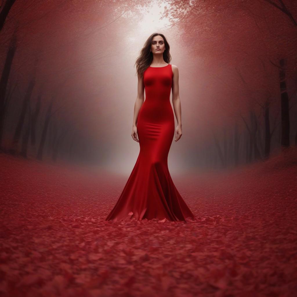 red dress woman, red dress made of medium cardboard leaves falling in cascade,red dress made of gradation from red to black,gorgeous ,ultra hd, realistic, full dress, 8k