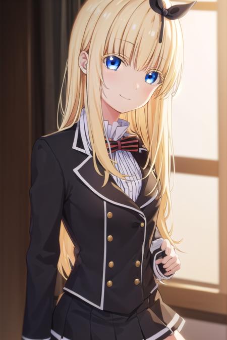 julietpersia, <lora:juliet persia s1-lora-nochekaiser:1>,
juliet persia, long hair, bangs, blue eyes, blonde hair, black ribbon, black bow, hair ribbon, hair bow, smile,
BREAK skirt, shirt, thighhighs, long sleeves, school uniform, jacket, white shirt, pleated skirt, shoes, striped, miniskirt, bowtie, black skirt, red bow, zettai ryouiki, black ribbon, garter straps, blazer, (white jacket:1.5), striped bow, striped bowtie,
BREAK indoors, classroom,
BREAK looking at viewer, (cowboy shot:1.5),
BREAK <lyco:GoodHands-beta2:1>, (masterpiece:1.2), best quality, high resolution, unity 8k wallpaper, (illustration:0.8), (beautiful detailed eyes:1.6), extremely detailed face, perfect lighting, extremely detailed CG, (perfect hands, perfect anatomy),