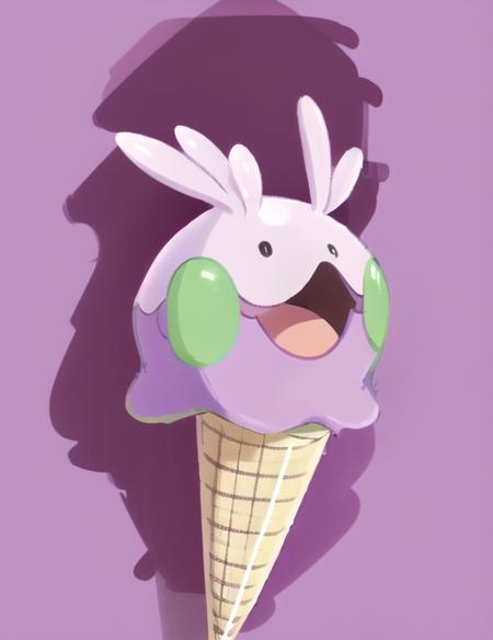 goomy, solo, open mouth, tongue, ice cream, ice cream cone, standing, facing viewer, looking away, purple background, white border