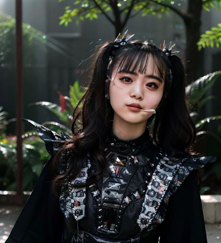 realistic, photorealistic, detailed, beautiful, RAW photo, film grain, (natural lighting :1.2), asian, woman, raw photo, photo background, black hair,  dark, metal, moa kikuchi,m0akiku, punk style, black and red outfit, 20 years old, detailed black eyes,  <lora:m0akiku:0.95>, bokeh, park