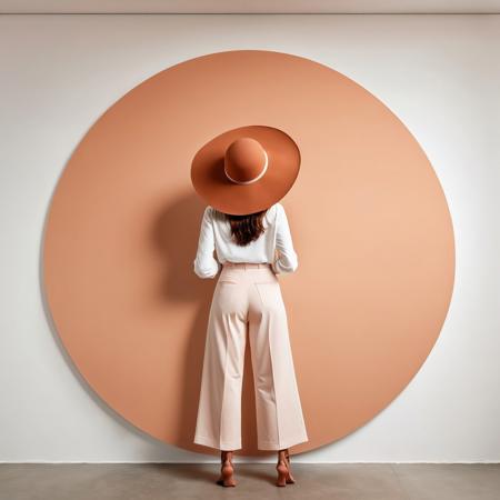A minimalist, surreal photograph featuring a woman with her back to the camera. She is wearing white high-waisted trousers and a large, round, terracotta-colored hat that covers her head. The background is a large, flat, peach-colored circle against a clean white wall, with the circle perfectly aligned with the hat, creating a visually striking composition. The woman's pose is relaxed and her arms are crossed in front of her, adding a subtle human element to the otherwise abstract and geometric scene. The overall aesthetic is soft, minimalistic, and artistically balanced.