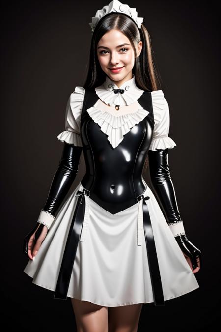 ((Masterpiece, best quality, cinematic lighting, 8k, full body shot, long hair, hour glass body)), (smile:0.85), (realistic background)
<lora:Bw_Latex_Miad_By_Stable_Yogi:1>
latex pattern, maid headdress, maid outfit, apron