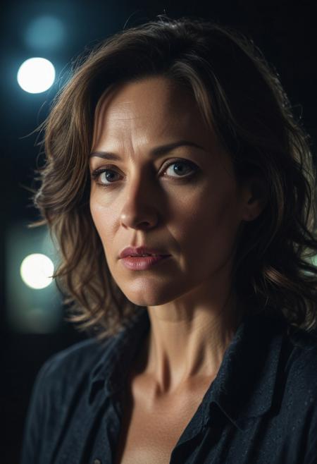 night photo, cinematic photo of a 47 y.o. woman, perfect lighting, vibrant, high detailed, epic, movie still, film grain